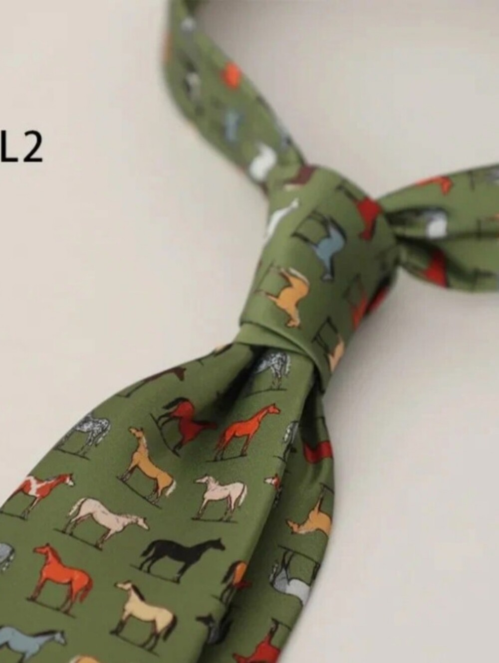 Horse Print Silk Tie in Olive Green - Picture 4 of 4